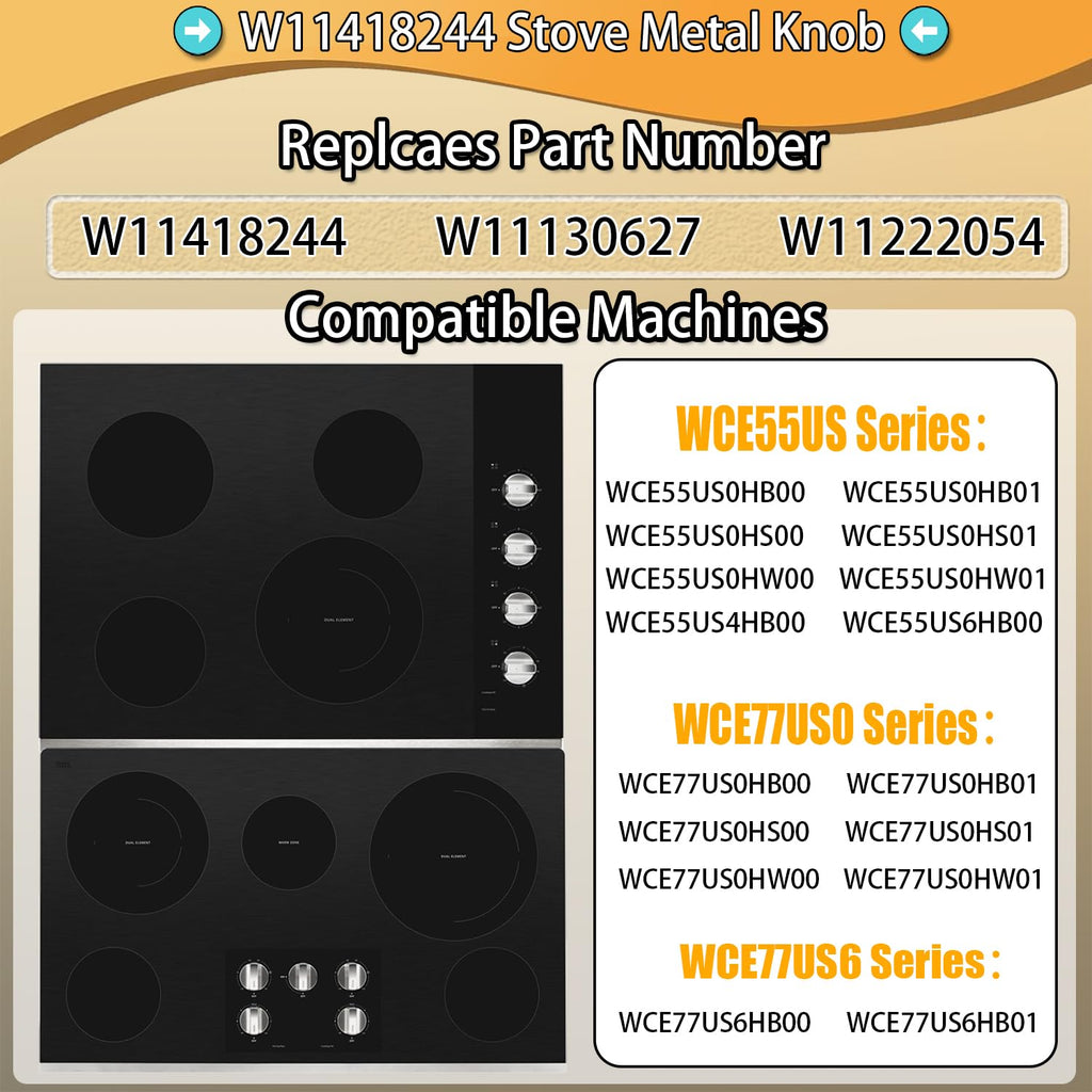 Upgraded Metal W11418244 for Whirlpool Stove Knobs Replacements,Stainless Steel Brushed,Compatible with Electric Cooktop Model:WCE55US0HB00,WCE77US0HB00,Direct fit Parts:W11130627,W11222054