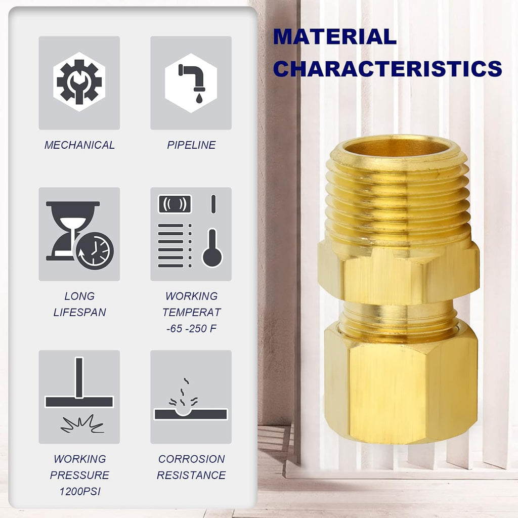 ChillWaves Brass Compression Tube Fitting, 3/8" OD x 1/2" NPT Male Compression Union Connector(5-PACK)