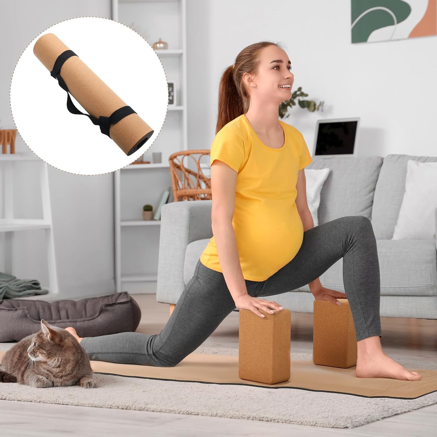 7 Pcs Cork All in One Yoga Essentials Kit Large Cork Yoga Mat and Blocks Set with Carry Strap and Alignment Lines 2