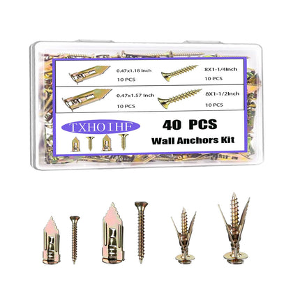 Self Drilling Drywall Anchors with Screws Kit 40Pcs - 2 Size Sheetrock Anchors & 2 Sizes Screw Sizes New Upgraded