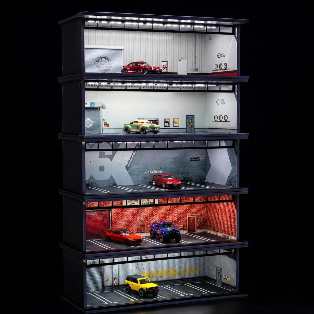 1/64 Diorama Display Case with LED Lights, Model Car Display and Storage, Compatible with Hot-Wheels Match-Box Mini