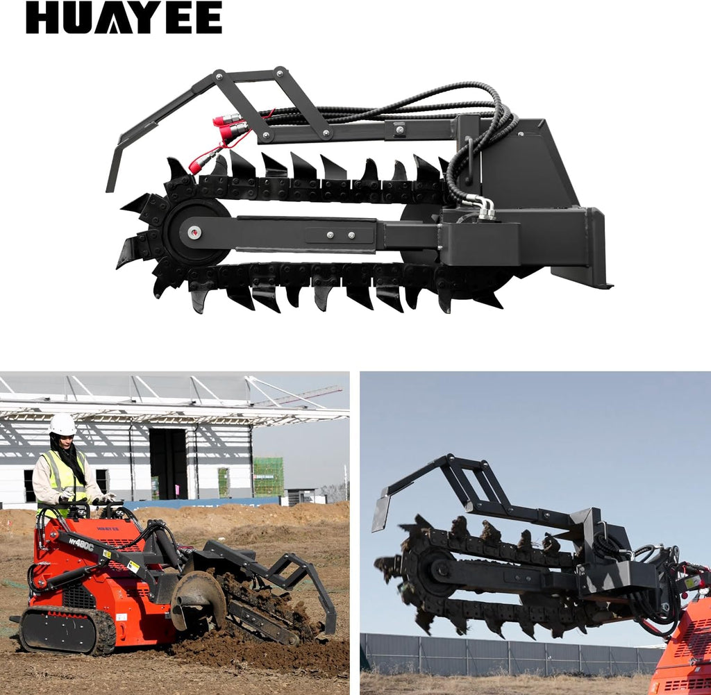 Mini Skid Steer Hydraulic Earth Trencher Attachment, 588mm Width | High Speed Chain Trencher Post Hole Pipeline