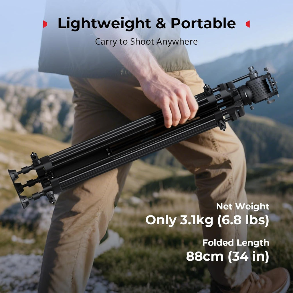 73''/186cm Heavy Duty Aluminum Alloy Video Tripod, Max Load 8kg (18lbs), Fluid Head with +85° to -78 Tilt Range