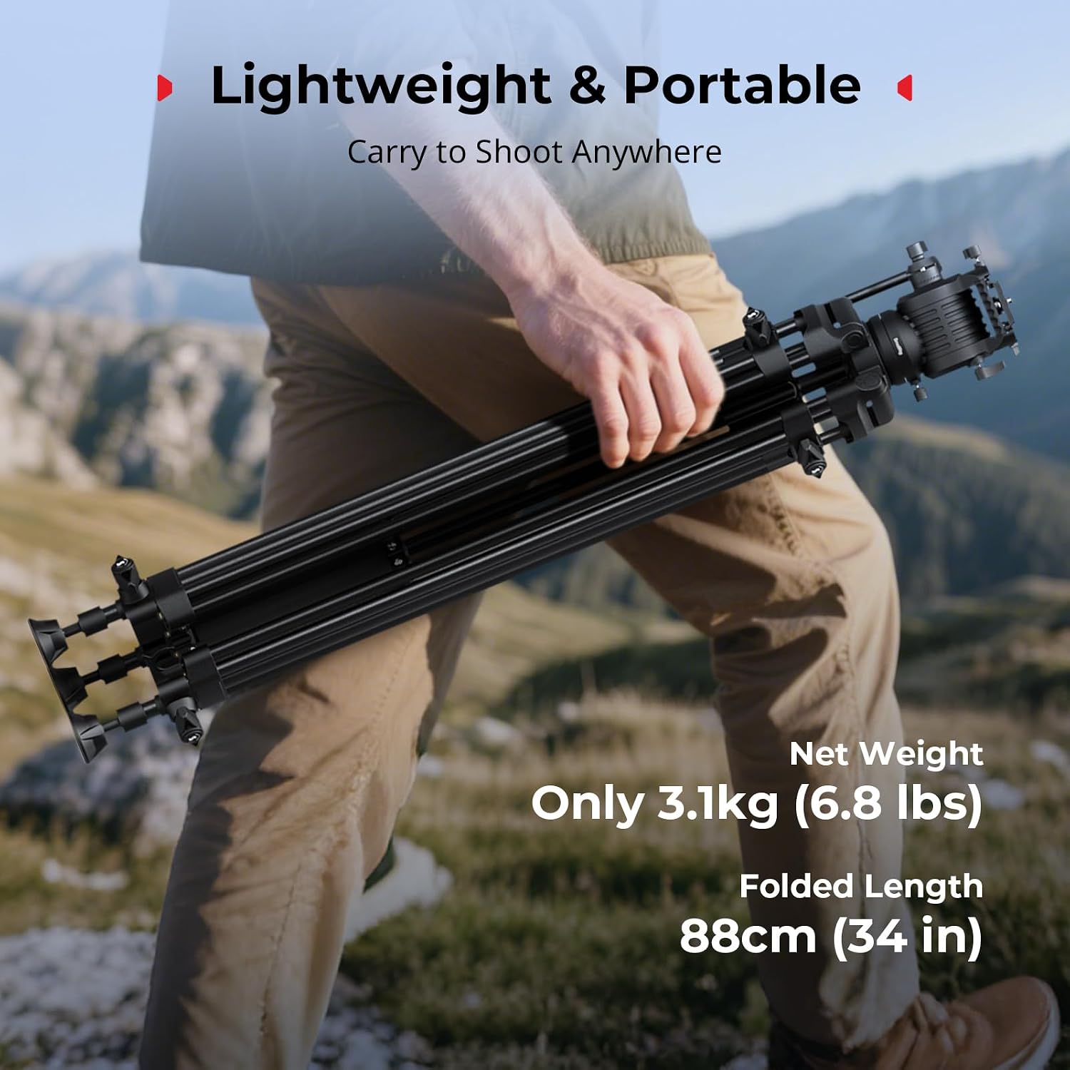 73''/186cm Heavy Duty Aluminum Alloy Video Tripod, Max Load 8kg (18lbs), Fluid Head with +85° to -78 Tilt Range