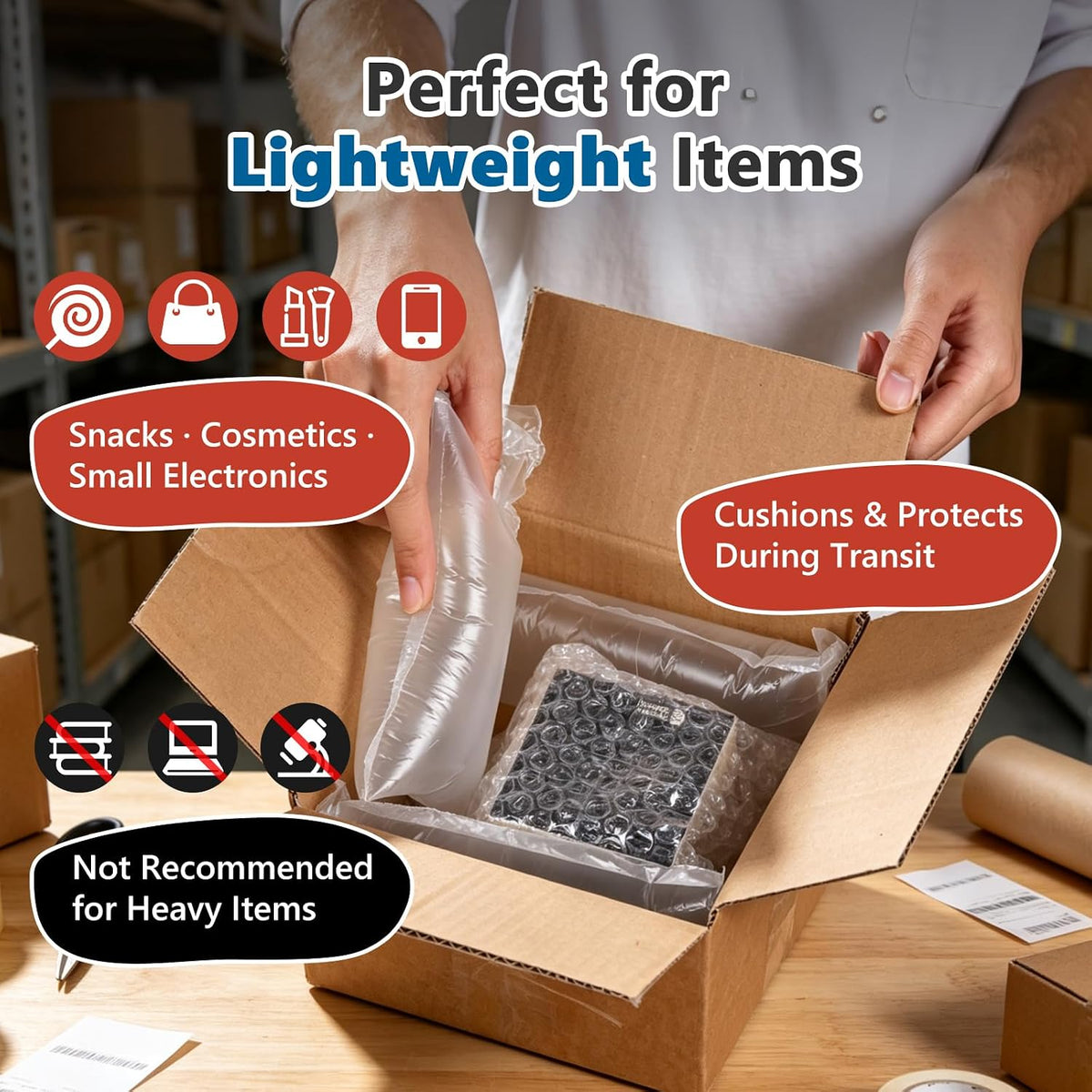 Air Pillow Film 3000pc 4"x 8", 2 Rolls Inflatable Air Bags 20μm Bubble Wrap for Shipping, Packaging, Business Bubble
