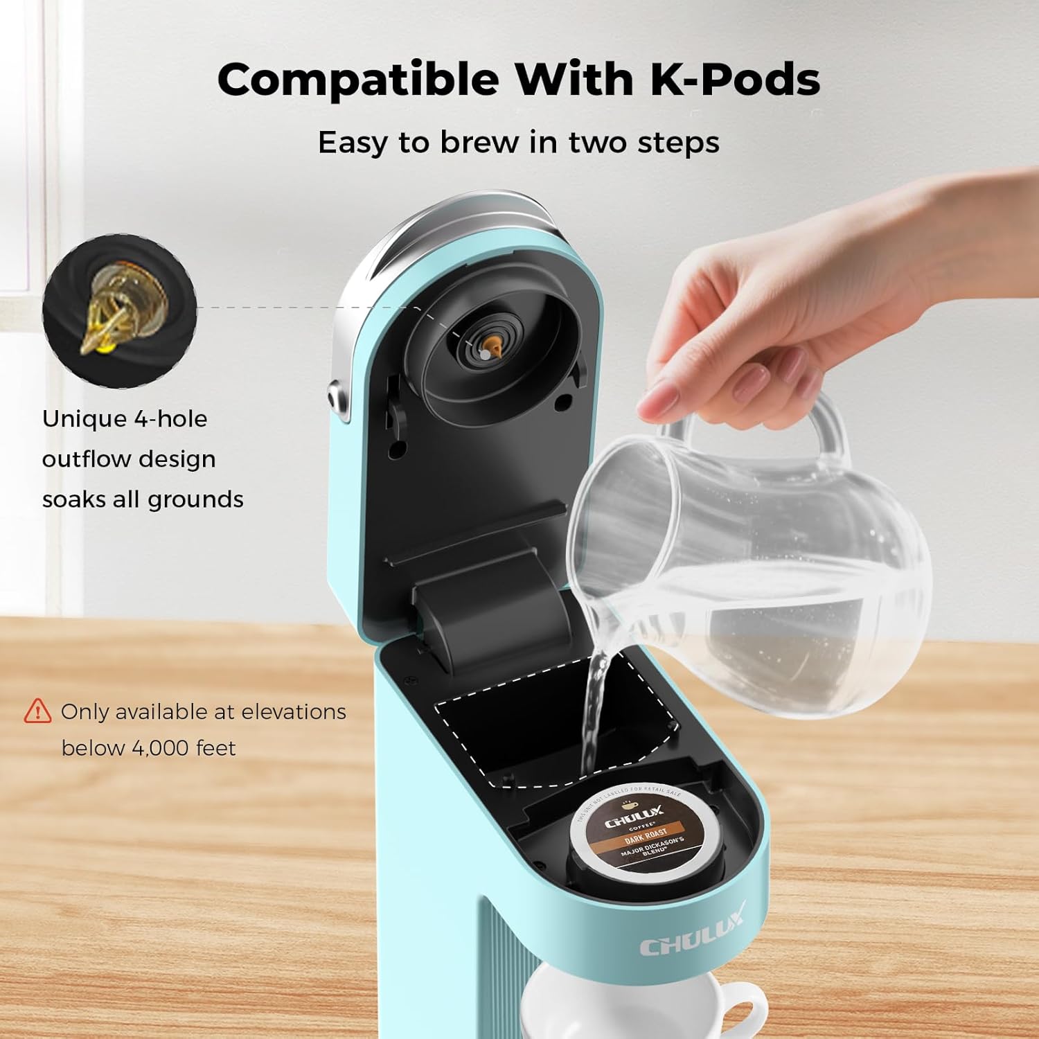 Slim Single Serve Coffee Maker, Lightweight Pod Coffee Machine, Cyan | Fast-Heating Boiler System, 4-Hole Needle for