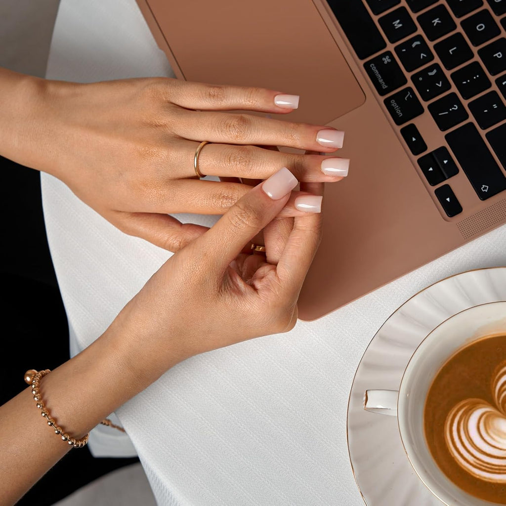 Press On Nails, Short Square Milky Pink Fake Nails, 32Pcs Full Kit