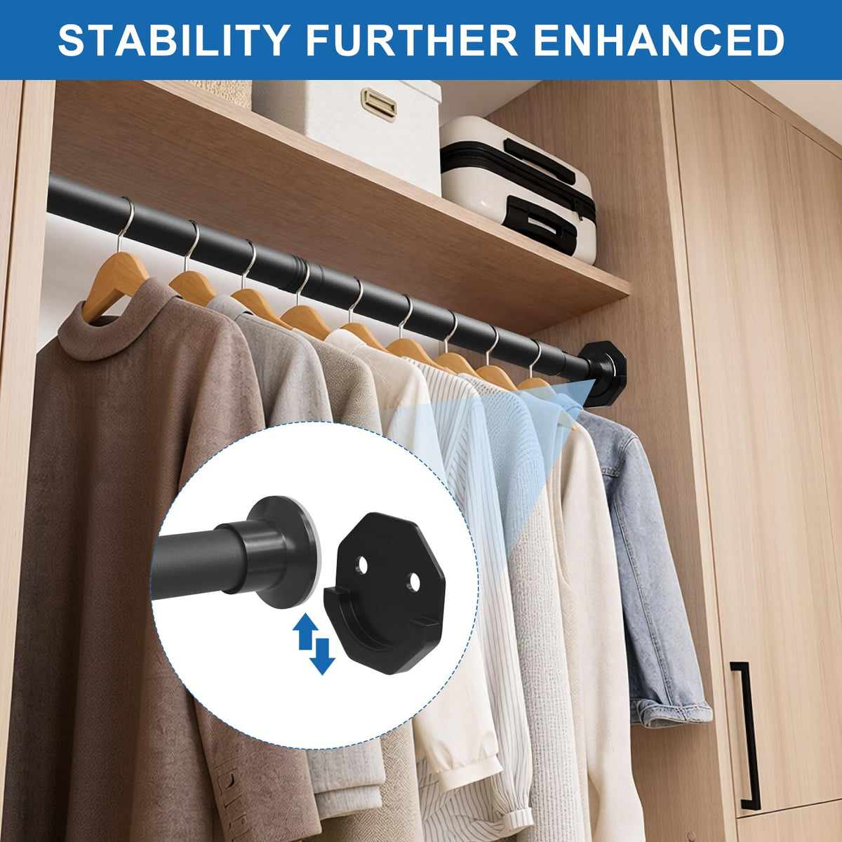 27.5-82" Closet Rod for Hanging Clothes with Wall Mount Brackets Adjustable