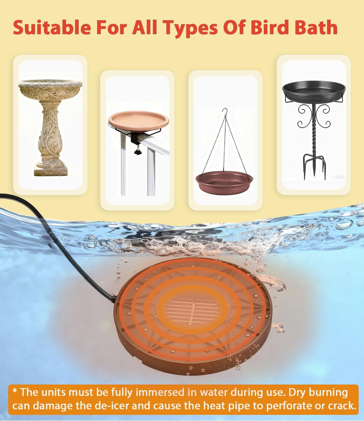 Bird Bath Heater, 70W De-Icer Submergible Deicer Birdbath Water Heater Thermostatic Control Power Saving for Birdbath
