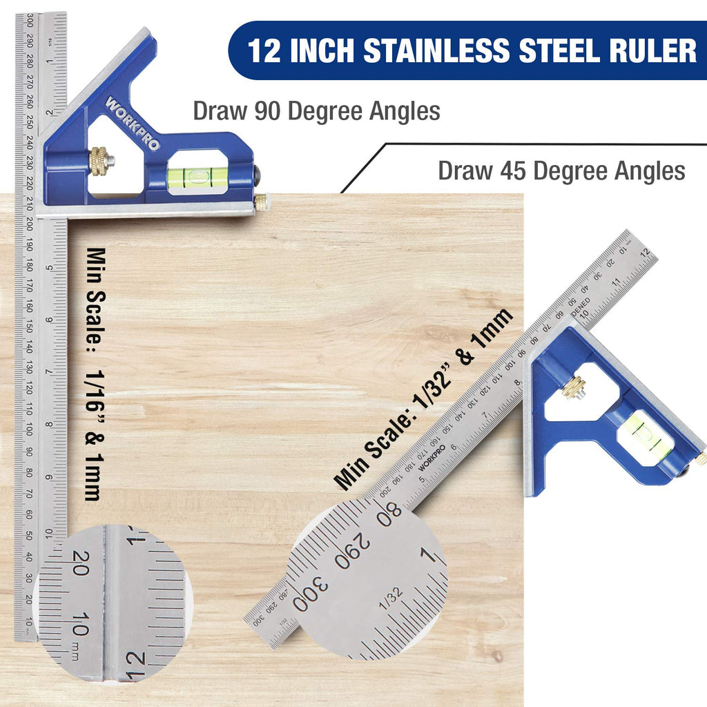 Aluminum Alloy Carpenter Square and Zinc-Alloy Square Ruler Set | 12" Combination Square with Stainless Steel Rule