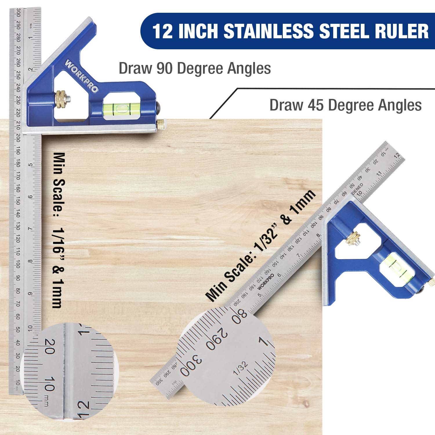 Aluminum Alloy Carpenter Square and Zinc-Alloy Square Ruler Set | 12" Combination Square with Stainless Steel Rule