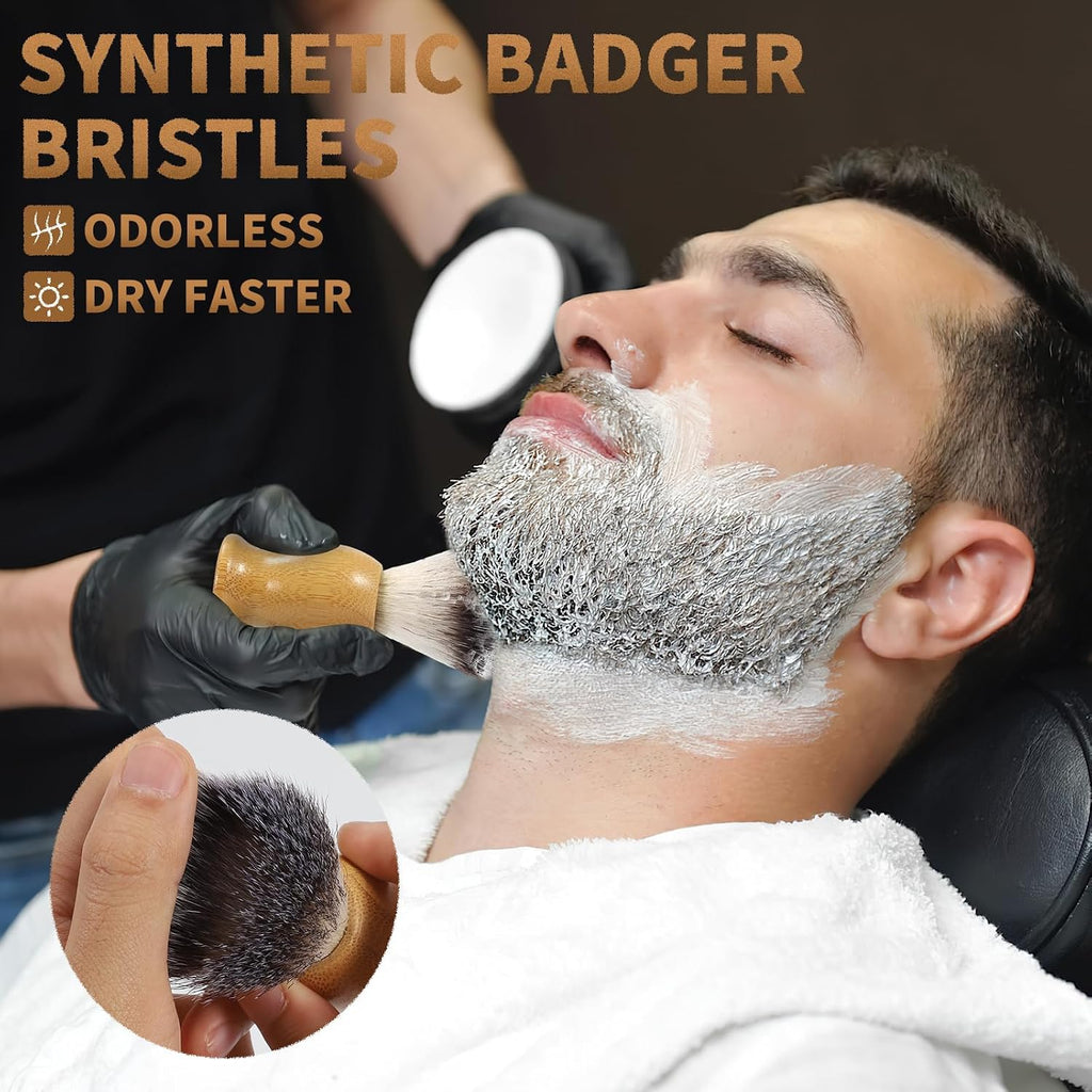Bamboo Shaving Brush and Bowl with Synthetic Badger Bristle | Odorless Bristle, Ergonomic Handle, Starter Men’s