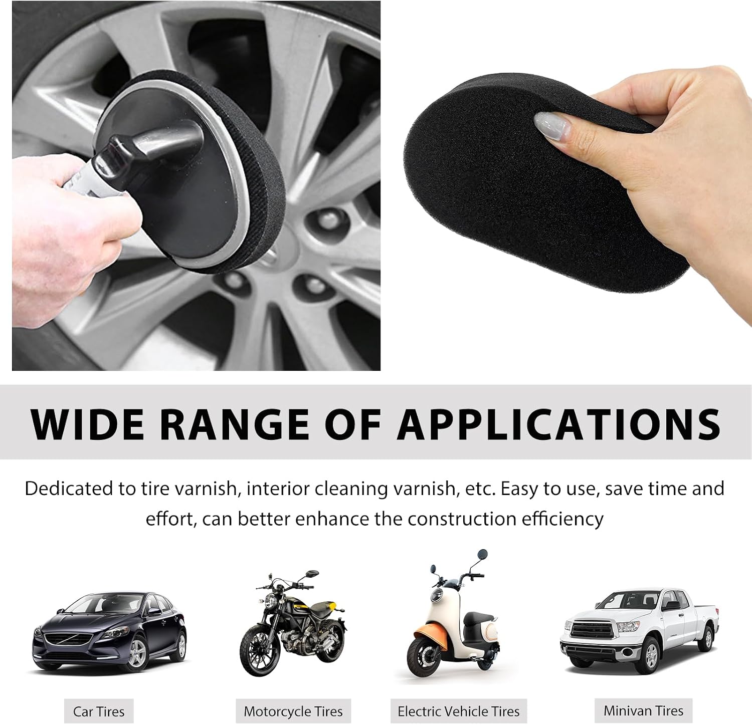 Car Tire Shine Applicator, High-Density Sponge Tyre Dressing Applicator Pad with Curved Handle, Reusable Wheel