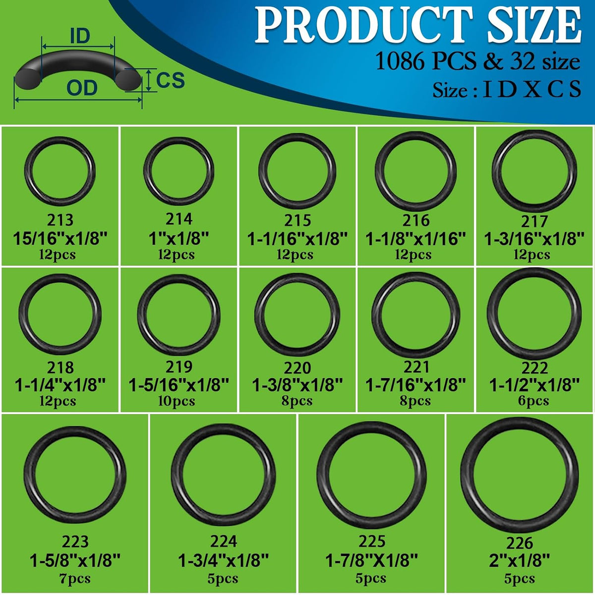 ZDBB 1086 Pcs SAE Standard O Ring Kit Nitrile Rubber O-Rings Assortment