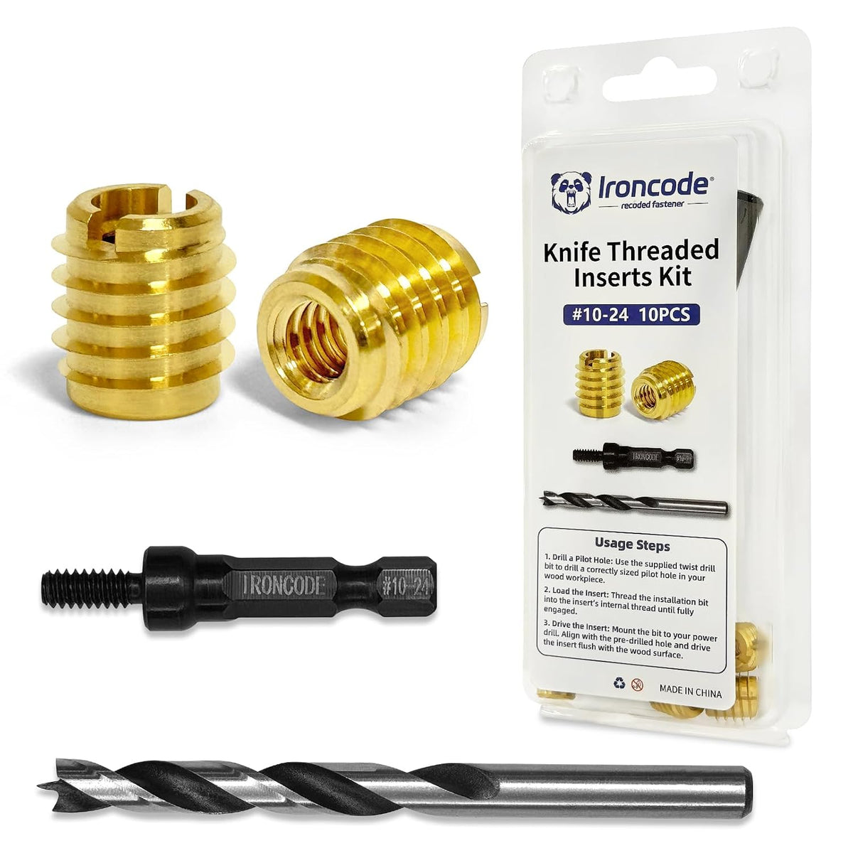 Threaded Inserts for Wood, Installation Kit, Brass, Includes #10-24 Knife Thread Inserts (10pcs), Drill, Installation Tool