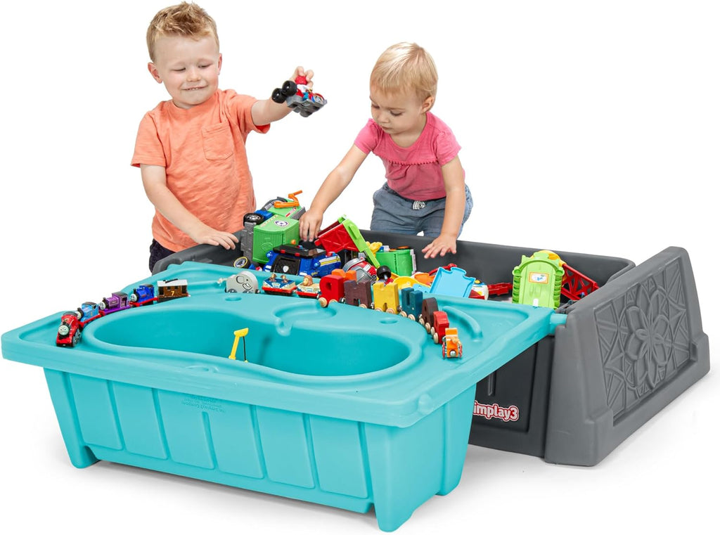 Sand and Water Kids Bench, 2-in-1 Sand and Water Table with Outdoor Storage Bench, Gray and Teal