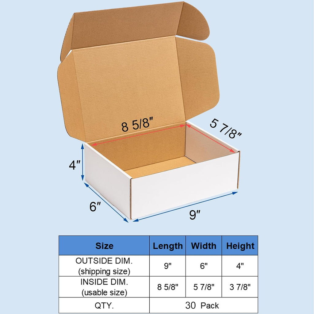 Shipping Boxes 9x6x4" 30 Pack White Corrugated Cardboard Mailing Box