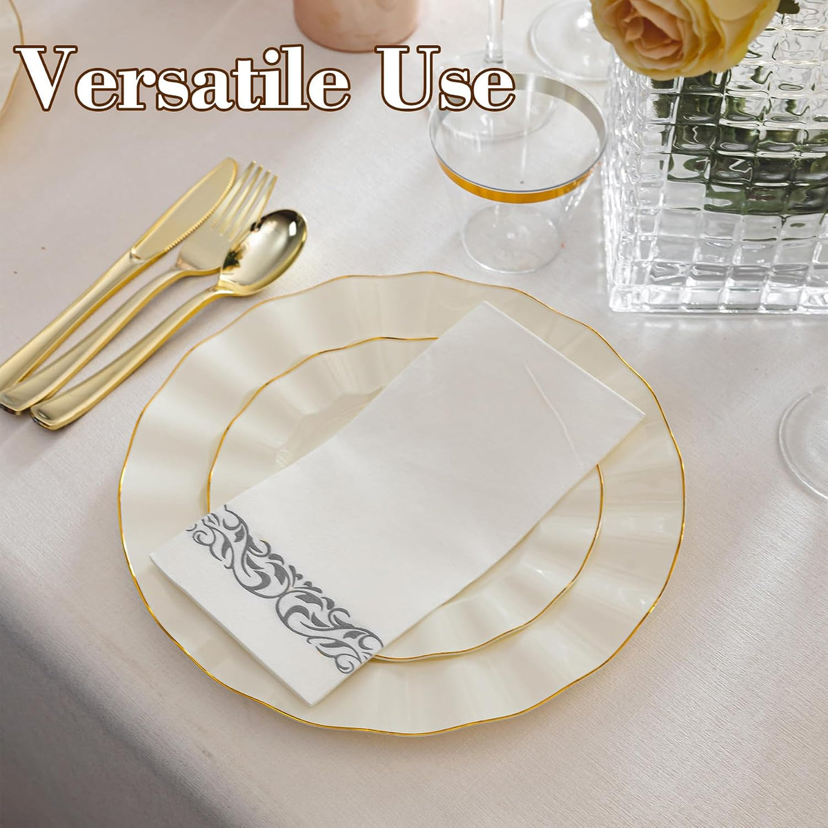200 Pack Premium Guest Towels with Silver Trim, Linen Feel Napkins