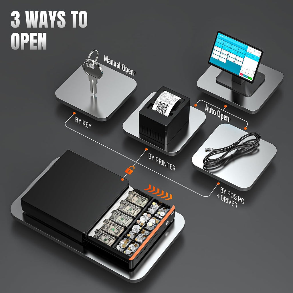 Cash Register Drawer 16 inch: 5 Bill 8 Coin Media Slot for POS, 405R | RJ-12, Metal Case Auto & Manual Open
