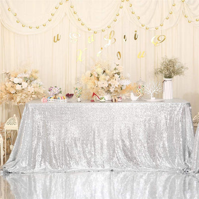 Silver Tablecloth, 90x156 Inch Sequin Rectangle Glitter Table Cover for Cake Dessert Exhibition Party Birthday Events
