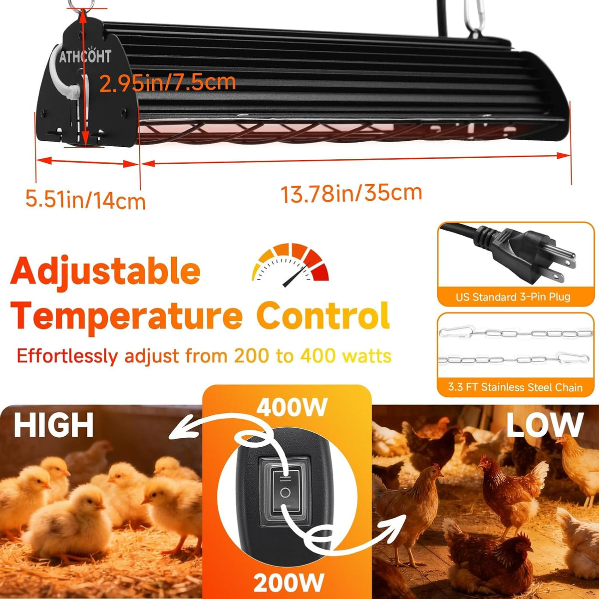 400W Heat Lamp for 60 Chickens Upgraded 12000H Large Chicken Coop Brooder Heater Carbon Fiber Bulb Waterproof
