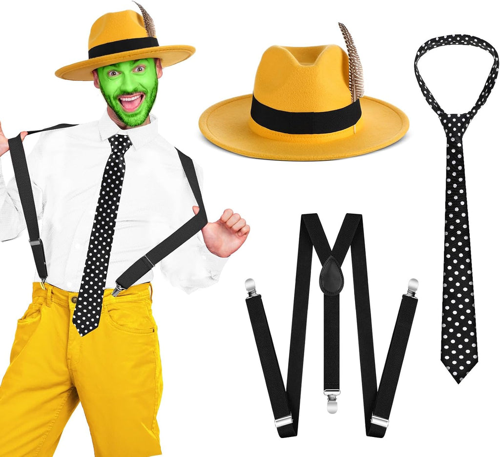 4 Pcs Mask Movies Costume Accessories Hero Costume Halloween Hero Cosplay Feather Hat and Tie Suspender for Adults