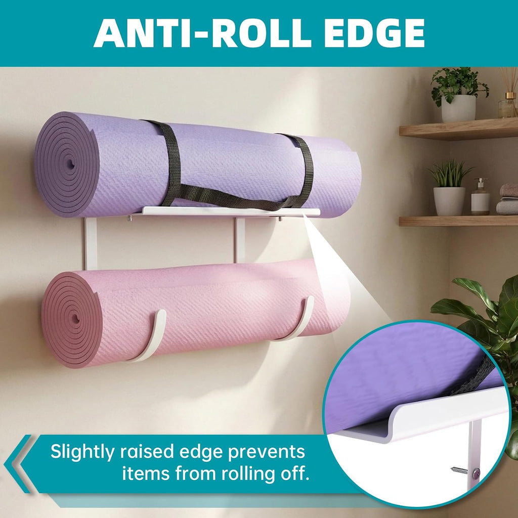 Yoga Mat Holder Wall Mount, No-Tie Mat Storage, Exercise Mat Storage Rack with Top Floating Shelf, Holding Yoga