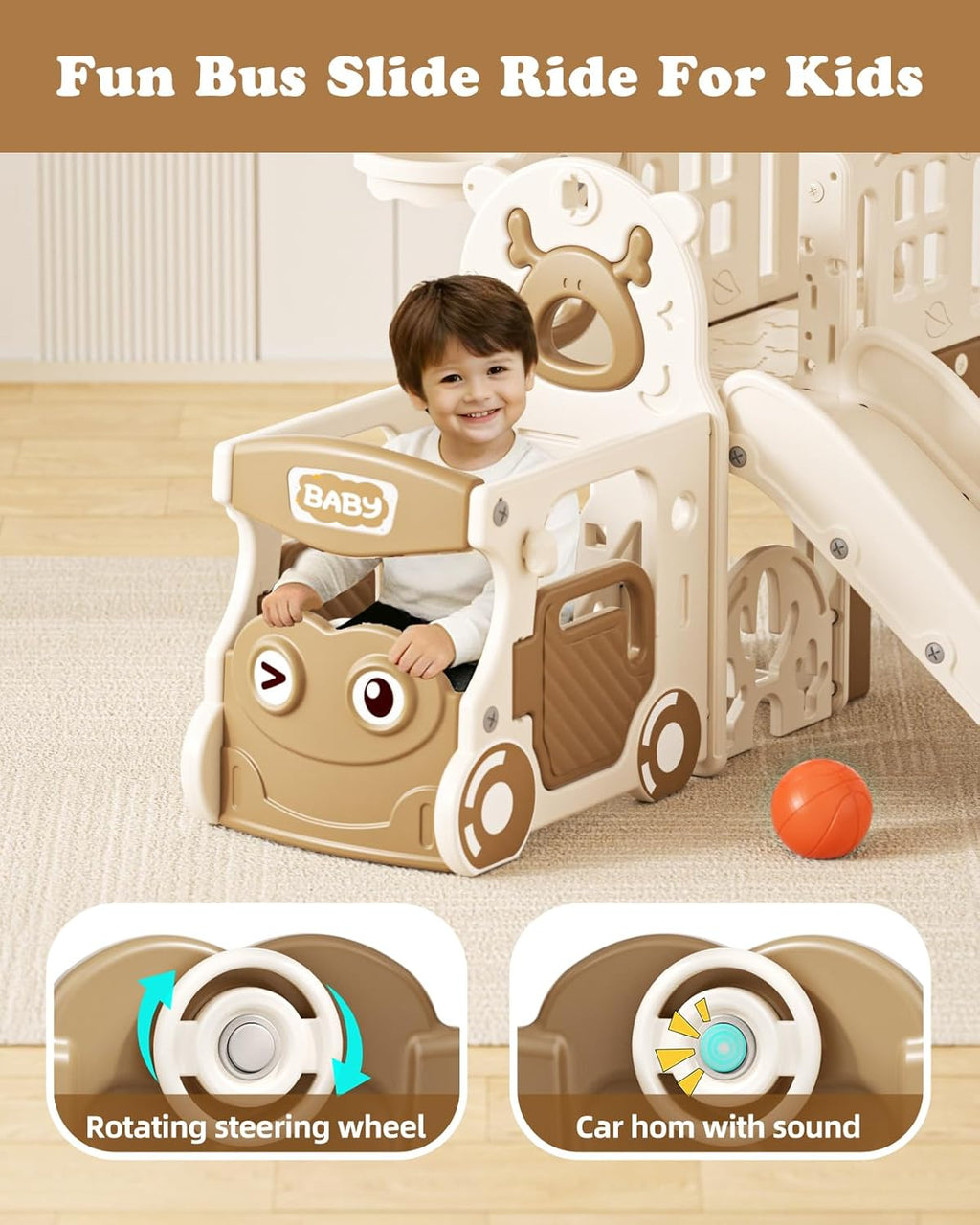 10 in 1 Toddler Slide Set, Bus Themed Kids Slide with Climber, Golf Set, Ring Toss, Basketball Hoop, Indoor Outdoor