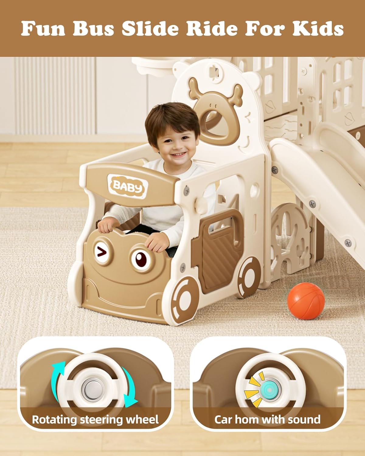 10 in 1 Toddler Slide Set, Bus Themed Kids Slide with Climber, Golf Set, Ring Toss, Basketball Hoop, Indoor Outdoor