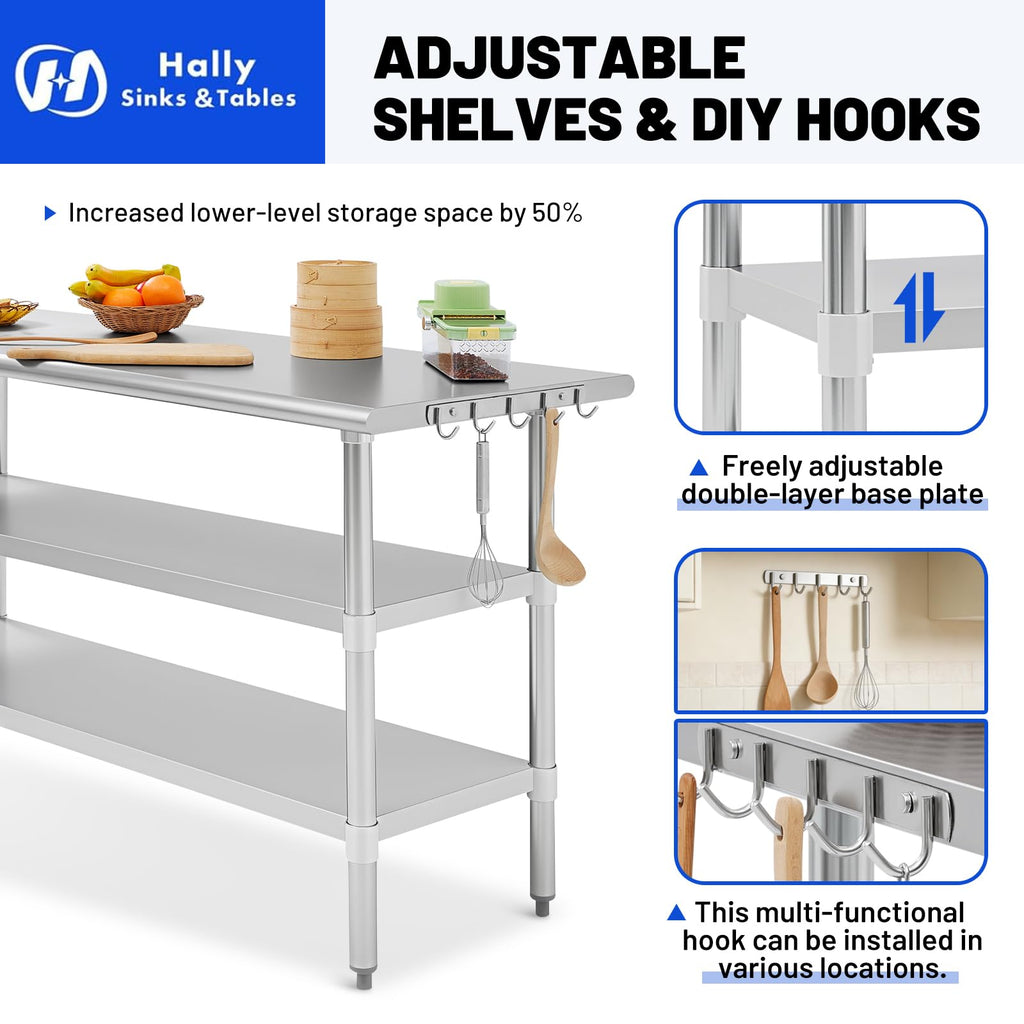 Hally 24"x60" Stainless Steel Prep Table NSF Commercial Kitchen Work Table