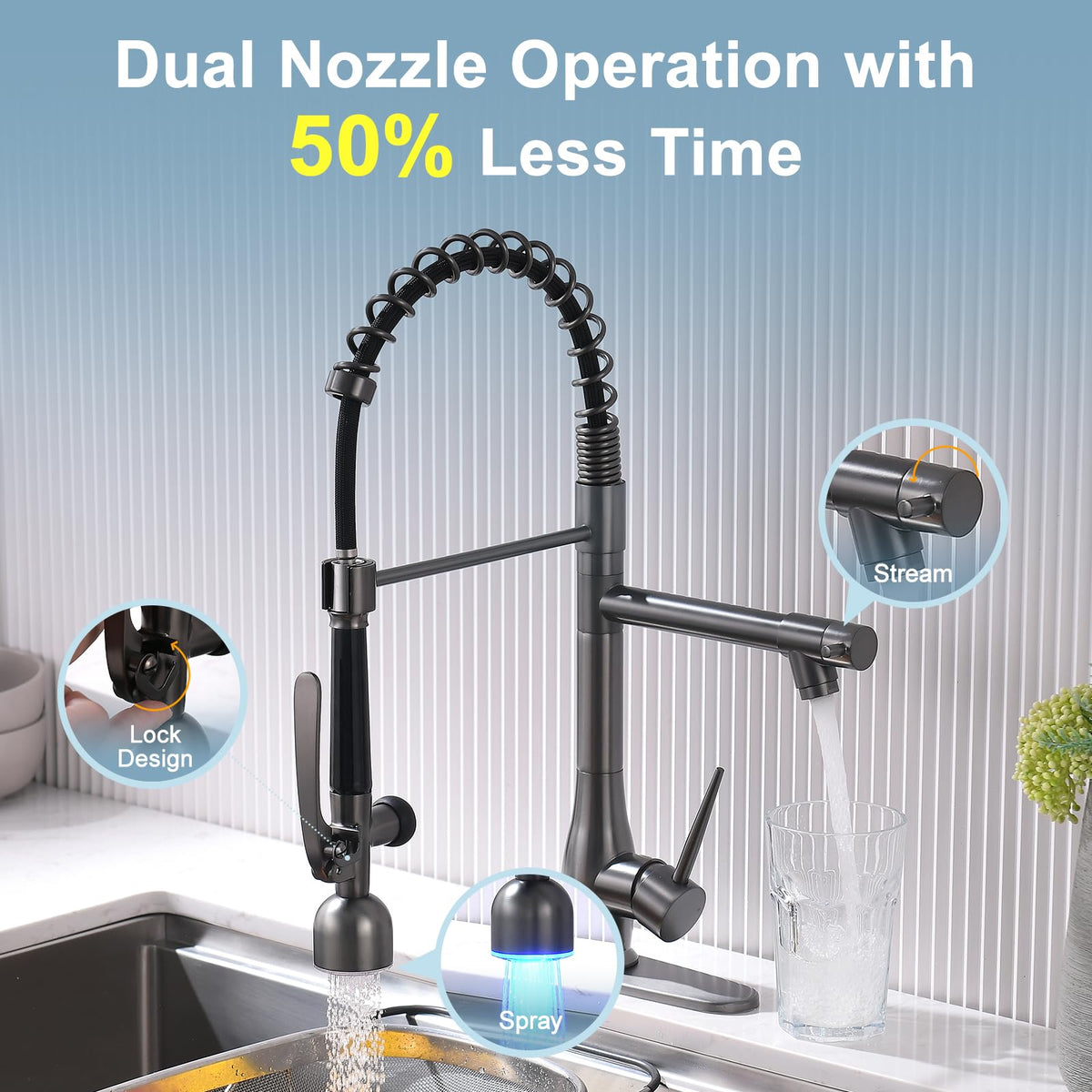 Black Stainless Kitchen Faucet with LED Light and Pull Down Sprayer