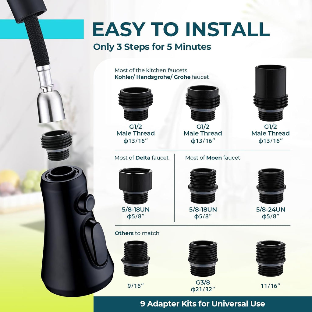 Kitchen Faucet Replacement with 9 Adapters, 3-Mode (Aquablade) Pull Down Kitchen Sink Sprayer for Moen, Delta, Kohler