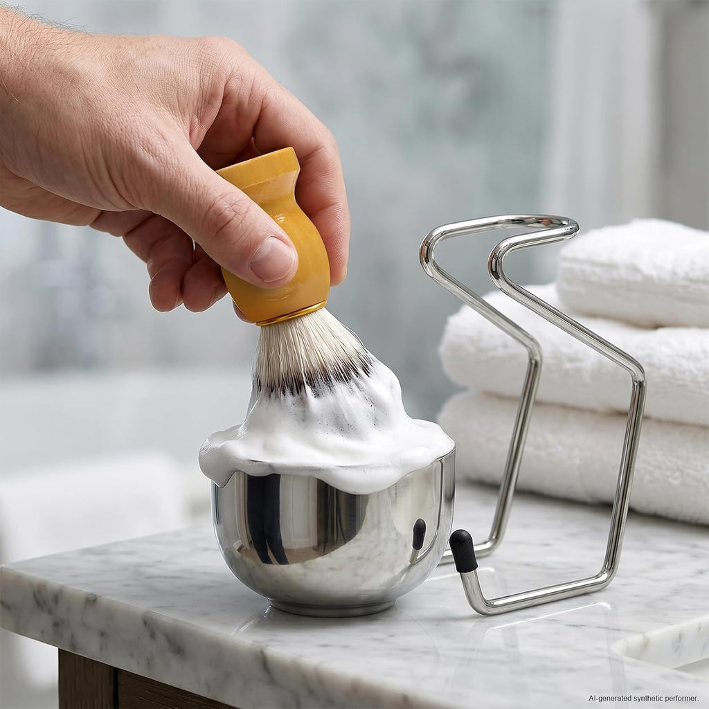 Shave Brush and Bowl, Premium Synthetic Badger Hair Shaving Brush Set with Stainless Steel Shaving Bowl, Exfoliating