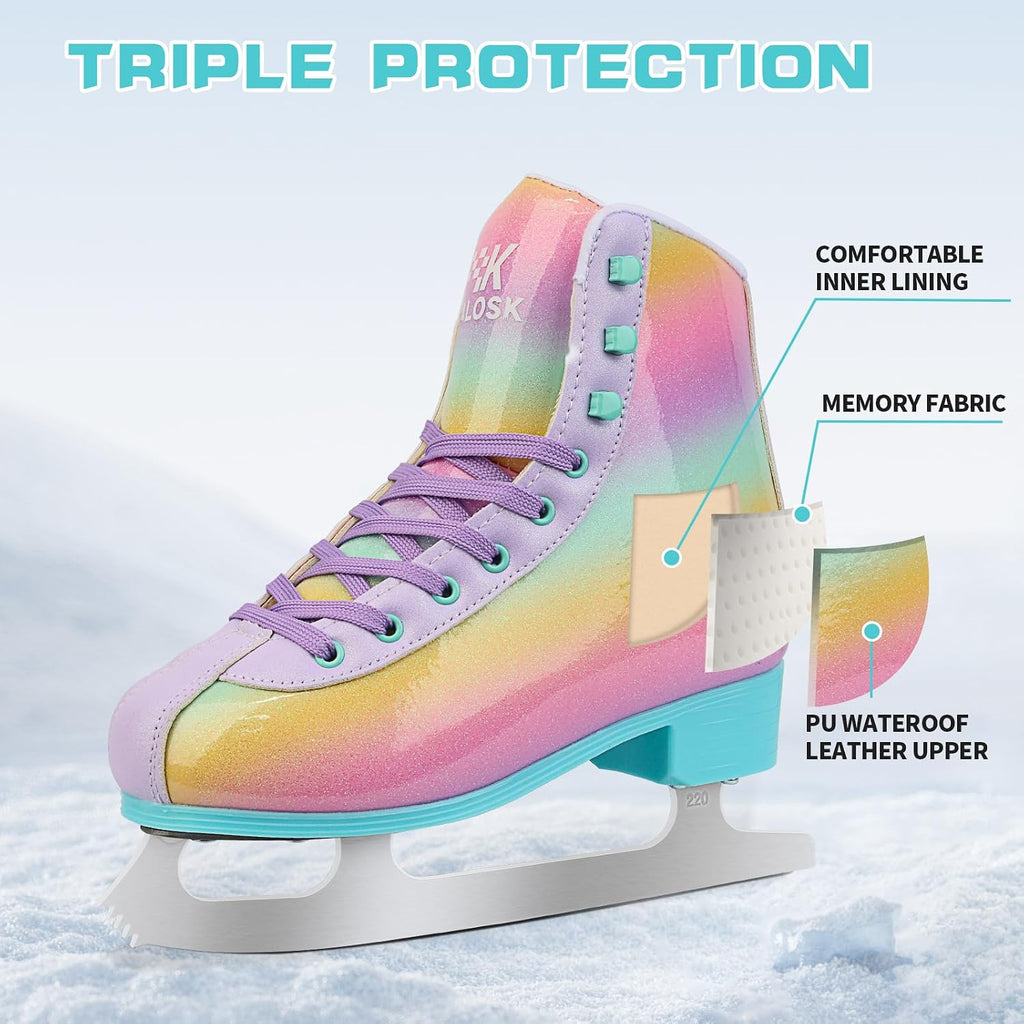 Premium Leather Womens/Girls Figure Ice Skates - Memory Foam Collar Beginner Youth Ice Skates with Stainless Steel
