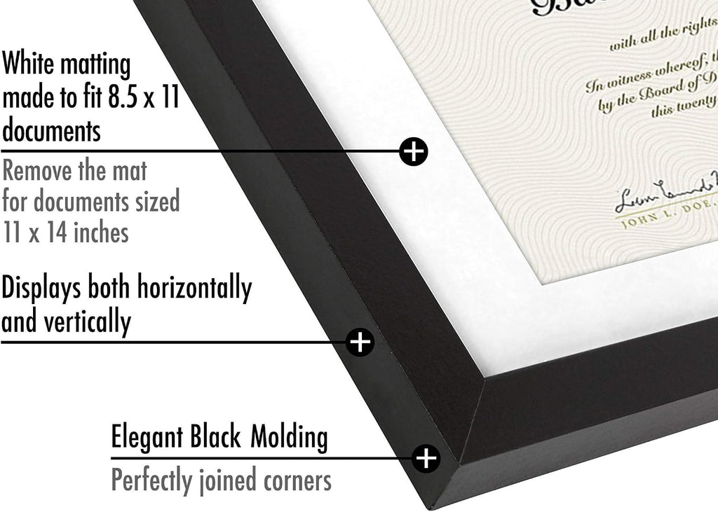 11x14 Diploma Frame with Shatter-Resistant Glass - Set of 2 - Use as 8.5x11 Frame with Mat or Display 11x14 Documents