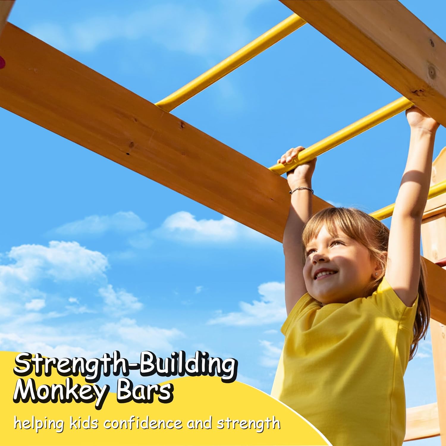 Wooden Swing Sets for Backyard, Kids Outdoor Playground Set with Monkey Bars, Wave Slide, 2 Belt Swings, Climbing
