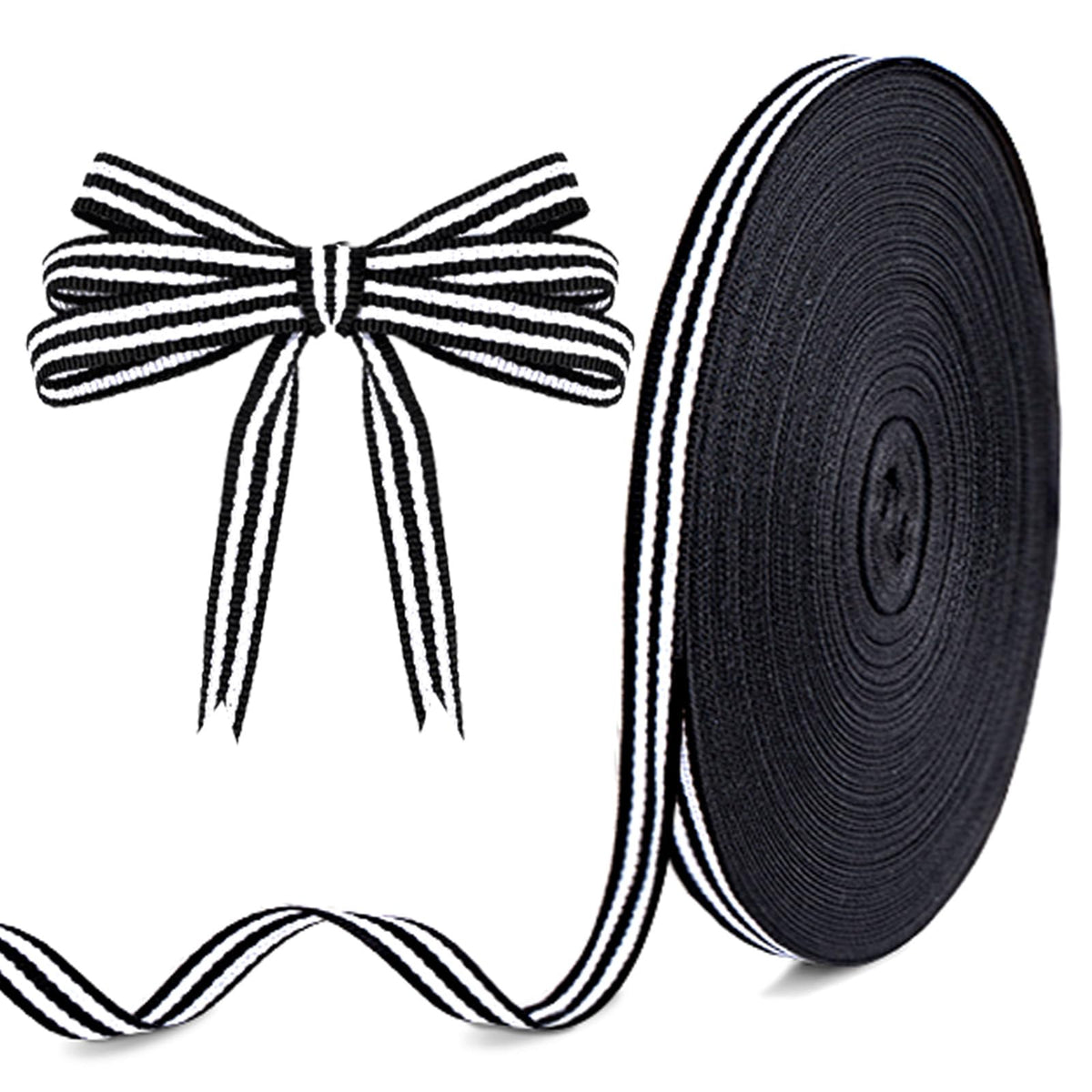 Black and White Striped Ribbon - 3/8 Inch x 55 Yards