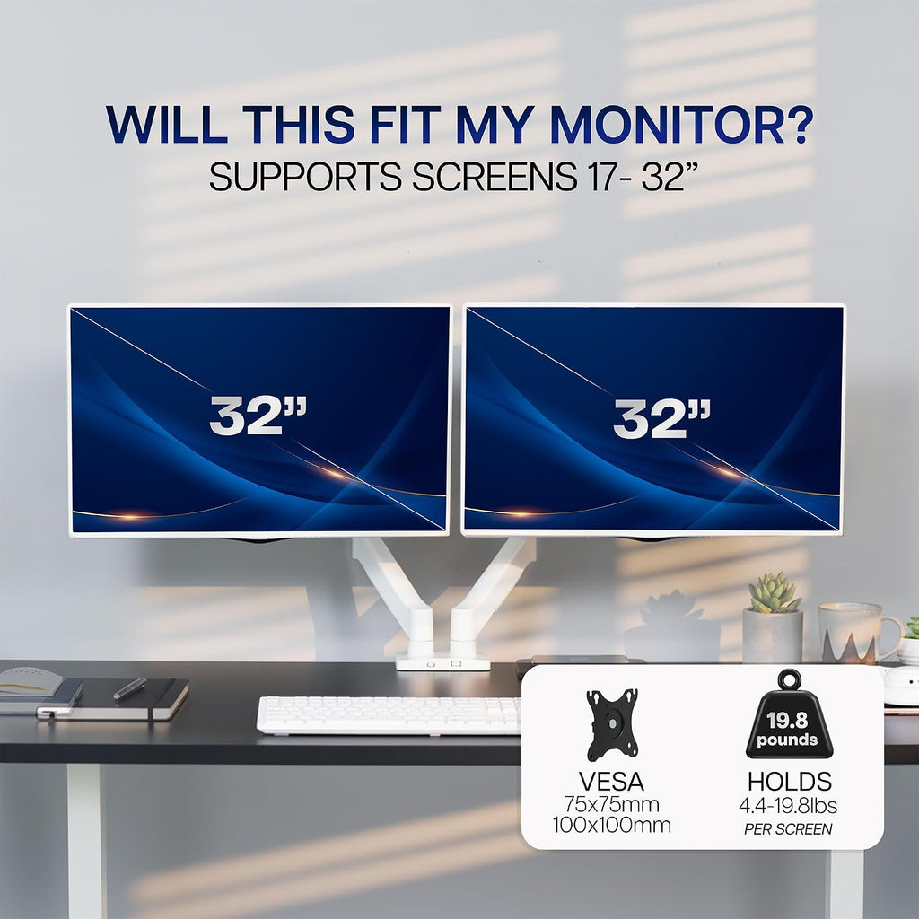 Dual Monitor Stand, Fully Adjustable Arms for 17 to 32 inch Screens, Mechanical Articulating Desk Mount, Gaming and