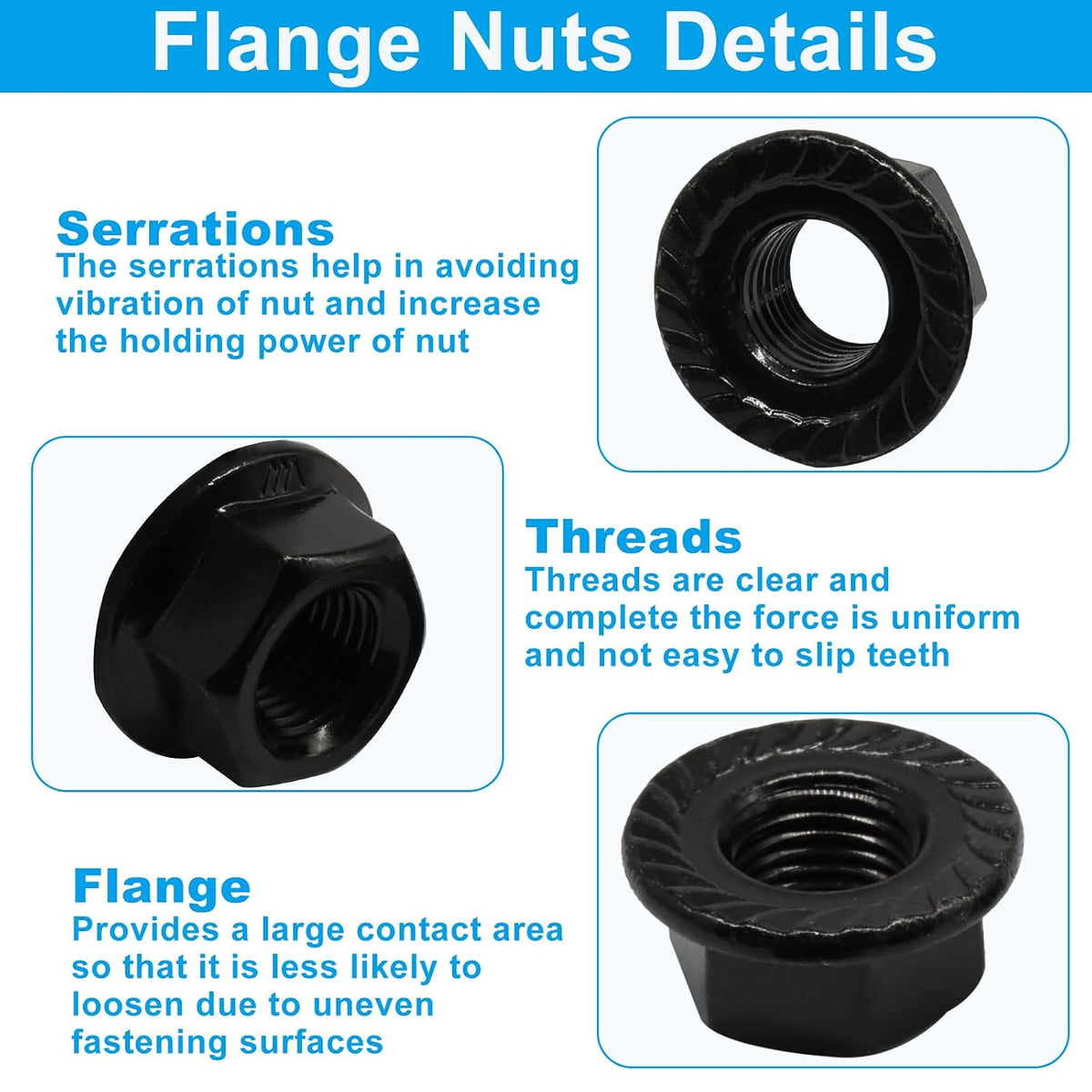 M12/1.25mm Serrated Flange Hex Nuts, Black, 5Pcs