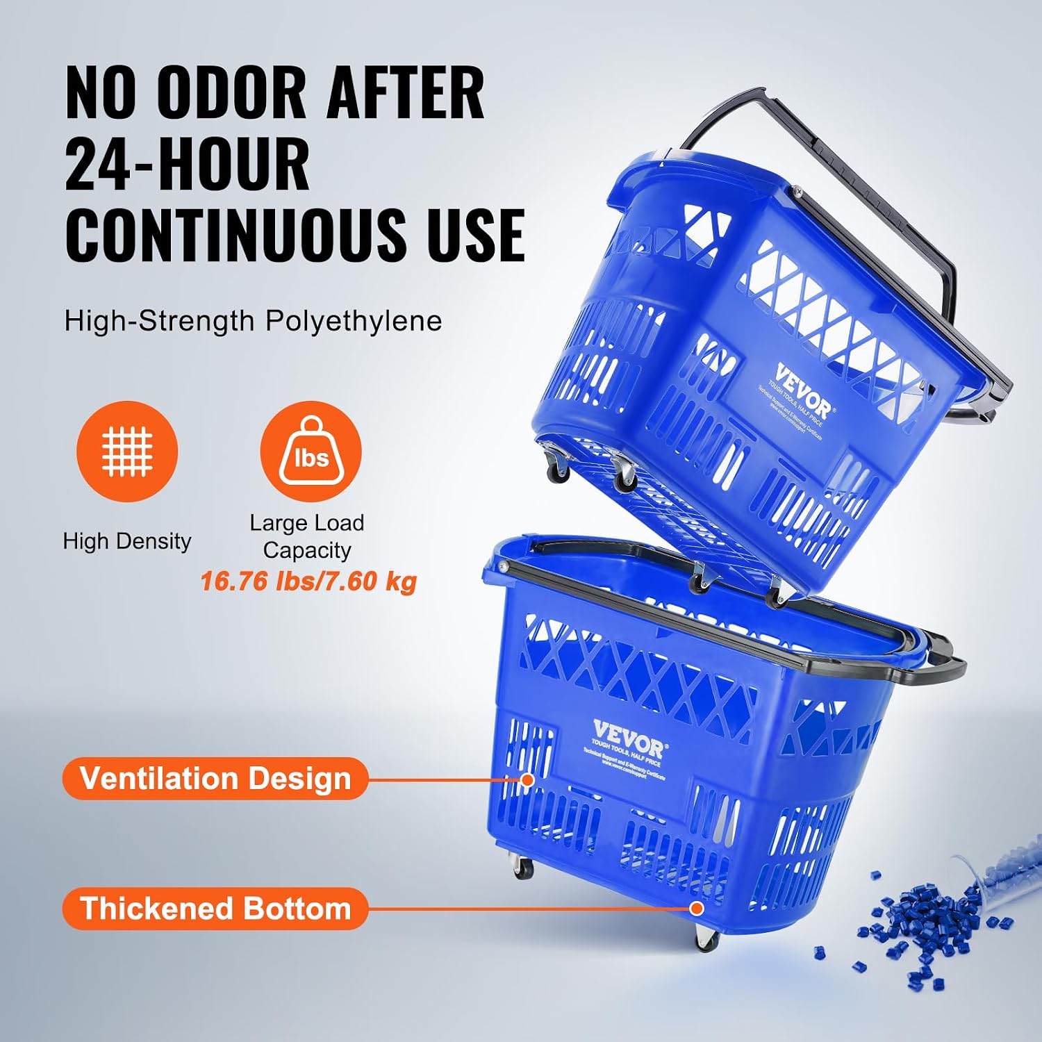 Shopping Carts with Handles, 6PCS, 39L Plastic Rolling Shopping Basket with Wheels, Large Portable Shopping Basket