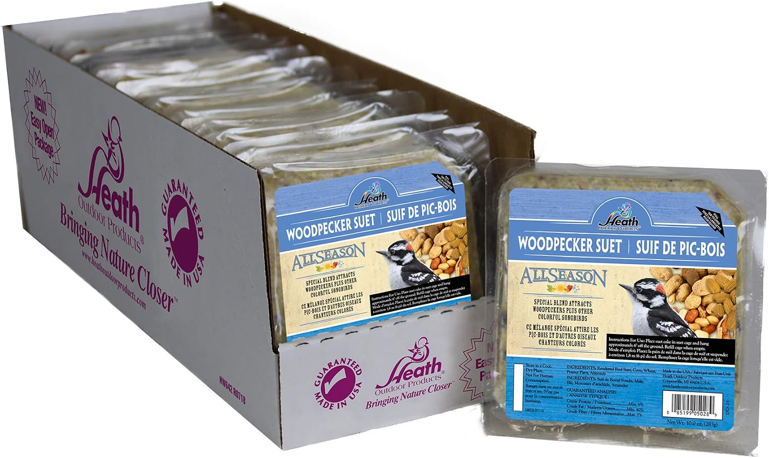 Heath Woodpecker Suet Cake, 5.2in, 10oz, 12 Pack - Blend Attracts Woodpeckers & Songbirds, No Melt