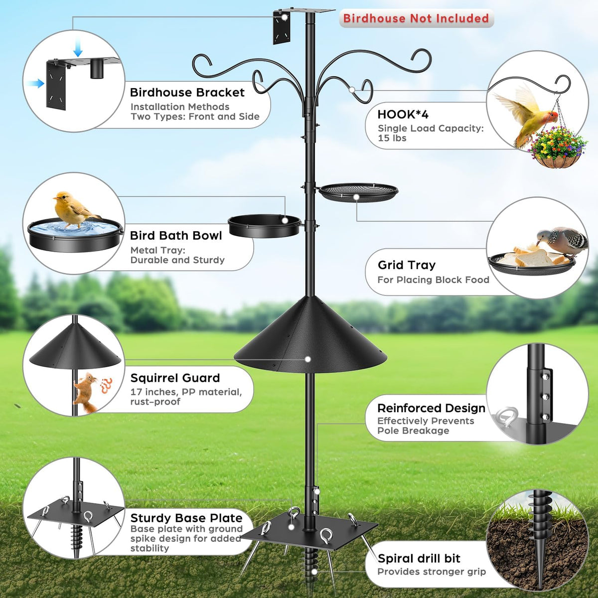 Upgraded Heavy Duty Bird Feeder Pole, 92 Inch Squirrel Proof Adjustable Bird Feeding Station,1 Inch Dia Bird House