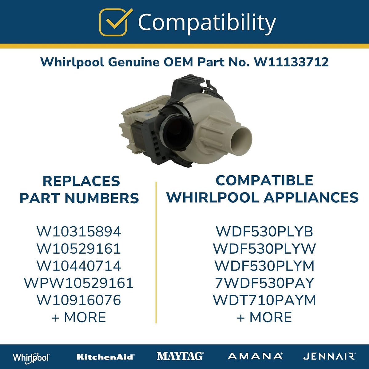 Whirlpool W11133712 Genuine OEM Dishwasher Circulation Pump Replacement Part - Replaces W10315894, W10529161, W10440714, WPW10529161, W10916076, W10885539, W10816489, and WPW10510666