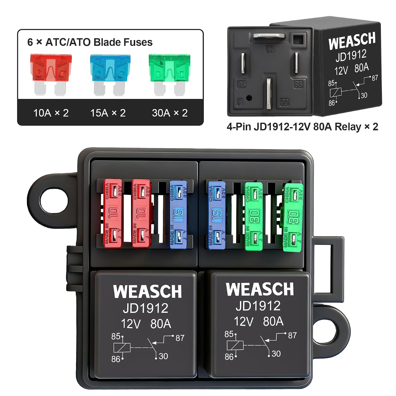 12V 6 Way Fuse Relay Box, 2 Relays and 6 ATC/ATO Blade Fuses, 4-Pin 80A Relay Block and Kit