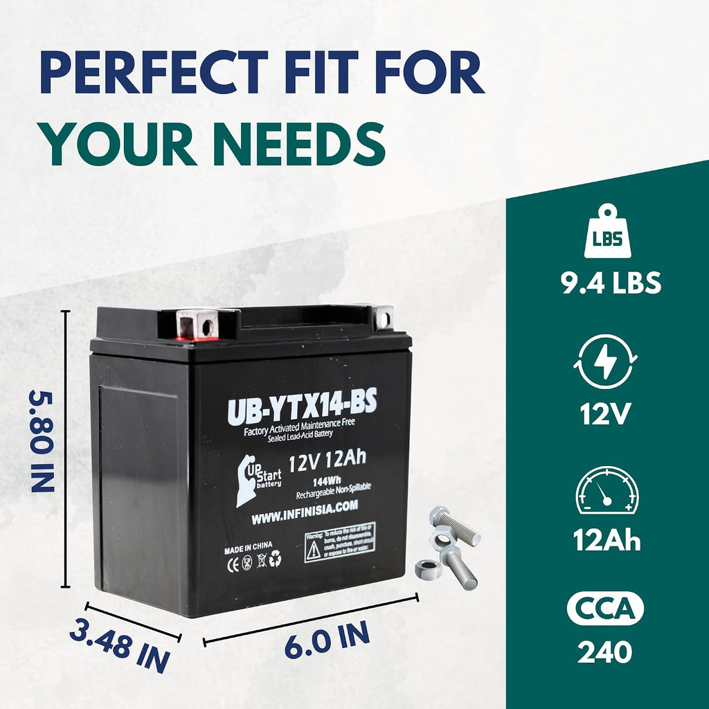 YTX14-BS 12V 12Ah Replacement for Honda Foreman 500 Battery