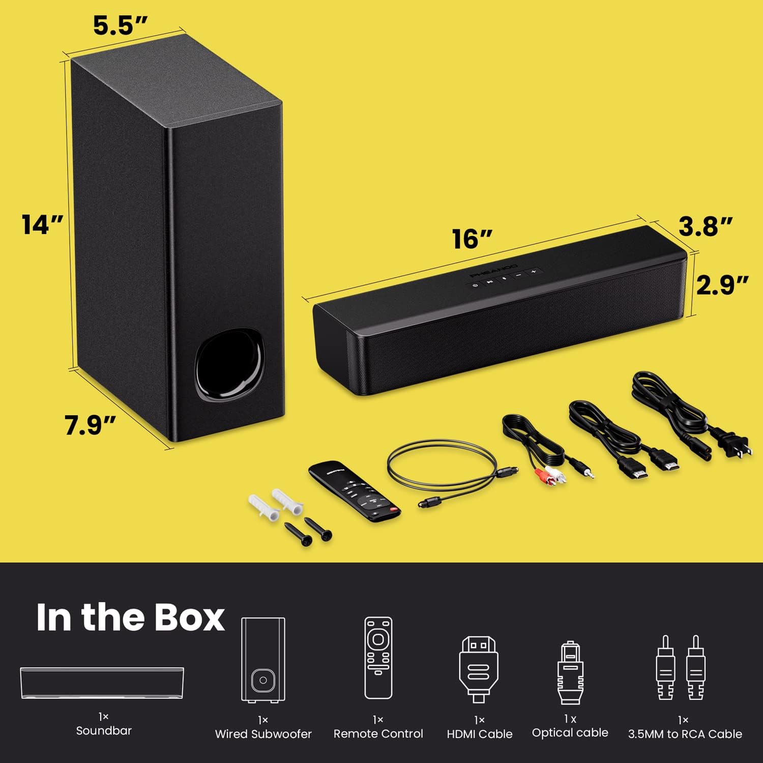 2.1 Compact Sound Bars for TV with Subwoofer, HDMI ARC/Bluetooth 5.0/Optical/AUX/RCA Connection, Remote Control