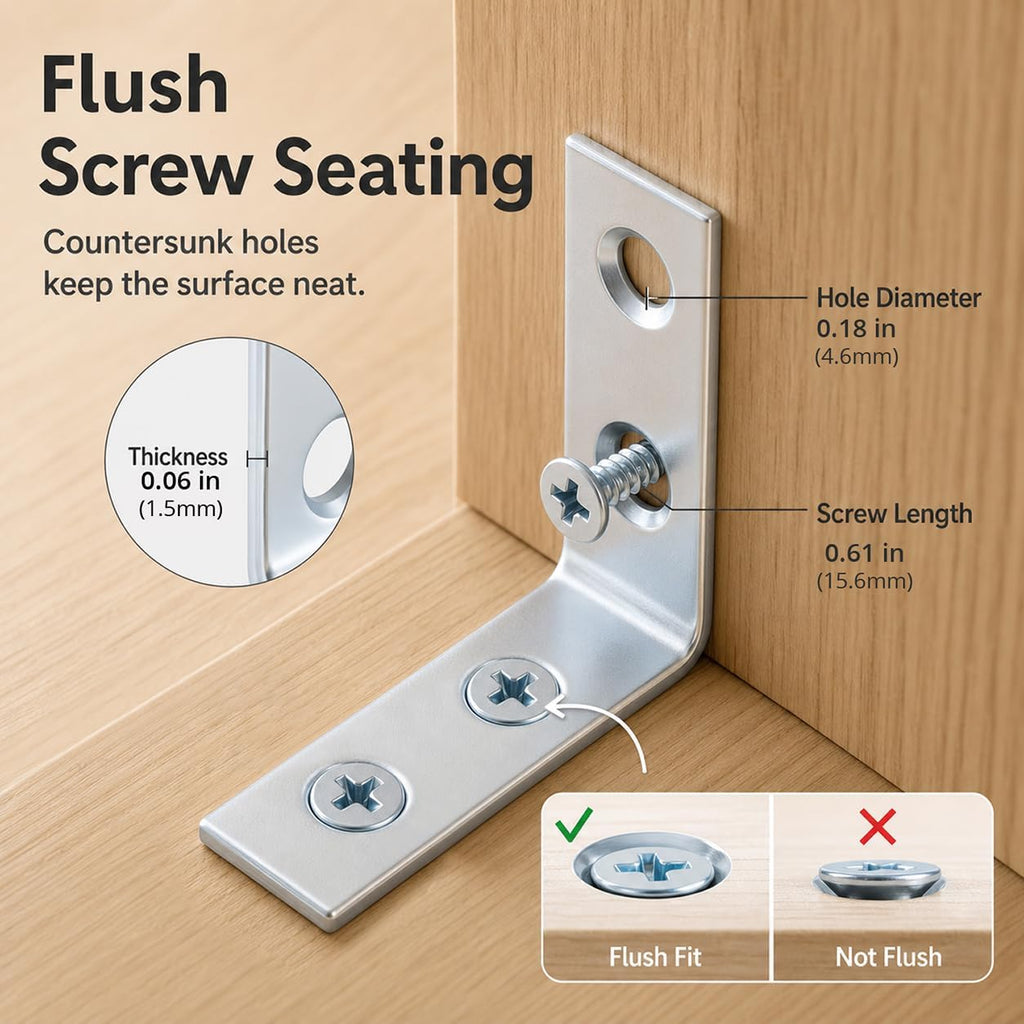 40 Pack L Bracket Corner Braces, 1.5 Inch Zinc Plated Steel Right Angle Brackets for Wood Shelves, Cabinets & Chairs