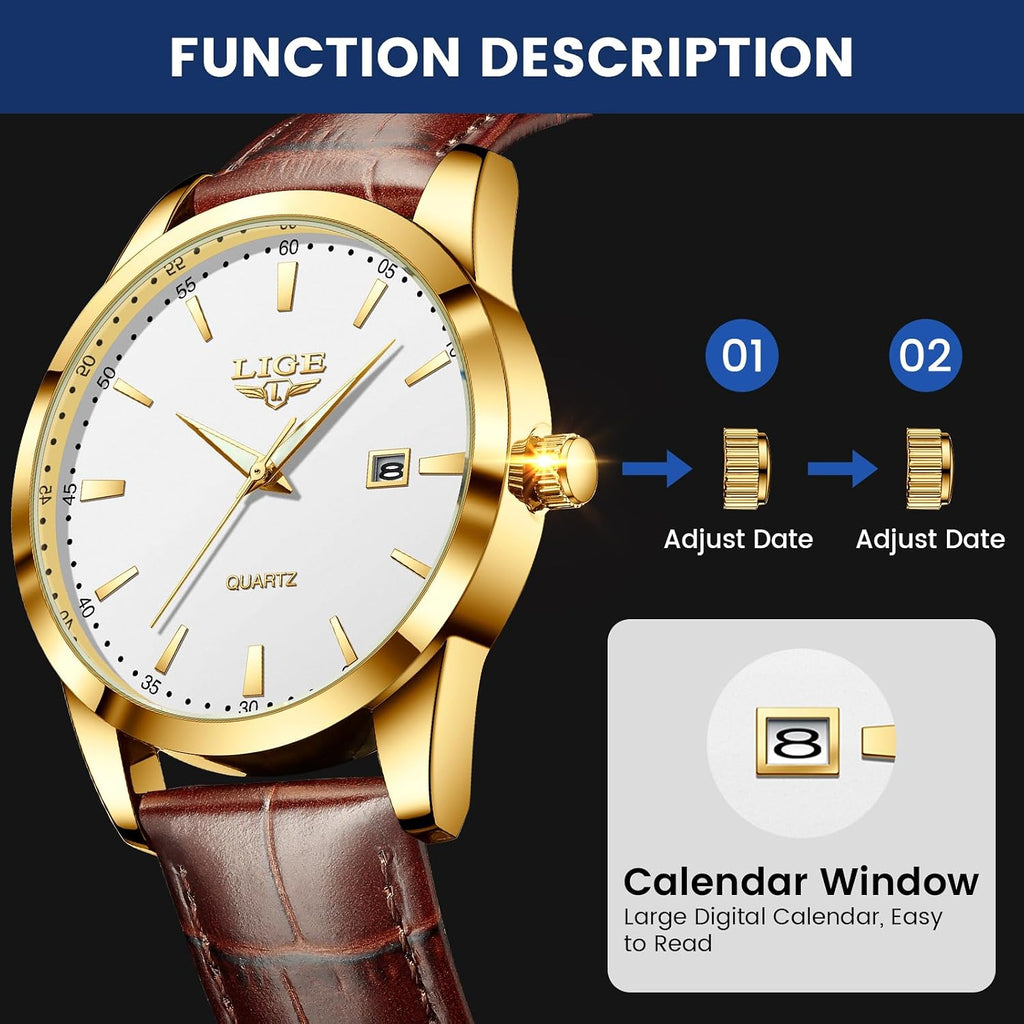Watches for Men Waterproof Analog Dress Vintage Chronograph Analog Casual Leather Stainless Steel Unique Quartz