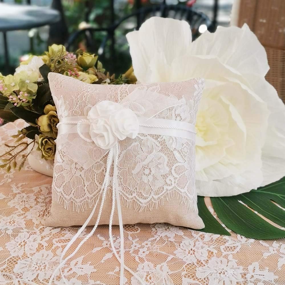 Awtlife Lace Wedding Ring Pillow, Flower Ring Bearer Pillow,8.26 Inch for Wedding Ceremony