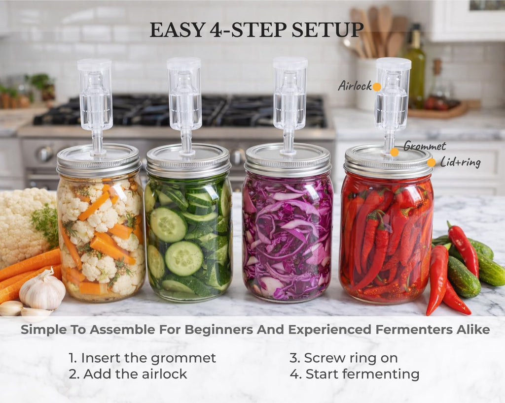 Stainless Steel Fermentation Lids for Wide Mouth Mason Jars, 4 Pack | Fermenting Lids with Airlocks and Silicone
